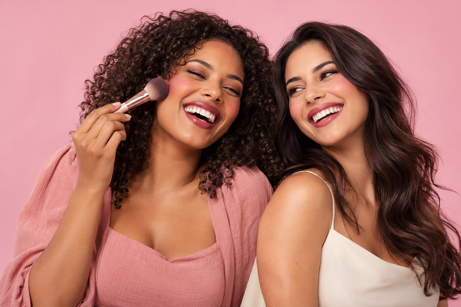 Imagem ilustrativa de duas mulheres adultas sorrindo com maquiagem em um cenário rosa